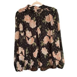 Haver & Blair London-Long Sleeves-High Neck-Lined-Floral Blouse-Gold Fleck-3X